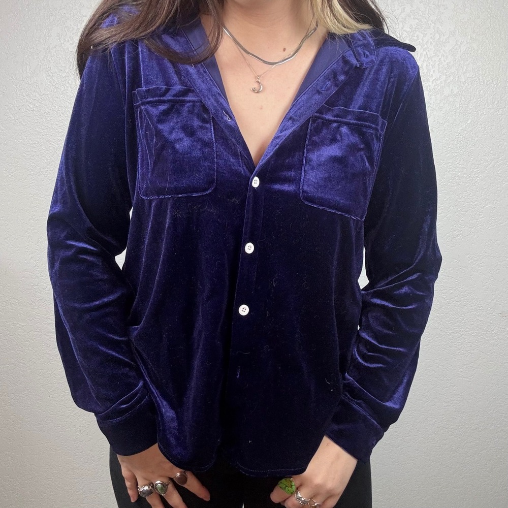Witchy Whimsgoth Velvet Button Up Shirt Long Sleeve Deep Blue Top - Picture 3 of 3